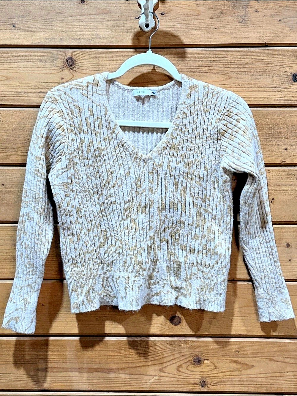 Lush Ribbed Abstract Leopard Animal Print V-Neck Sweater Apricot Cream Small